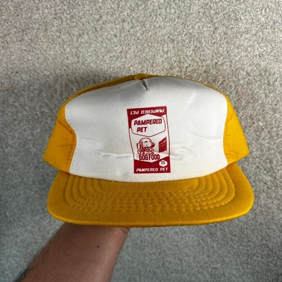 The Unbranded Brand Other - Vintage 80s Pampered Pet dog food white yellow foam trucker SnapBack hat youngan